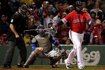 David Ortiz watches his two-run home run off Brett Cecil.