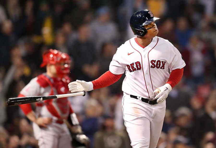 Boston.-05/03/22 Red Sox vs LA Angels—Boston Red Sox third baseman Rafael Devers (11) throws his bat and saunters to the bases after his 4th inning homer.John Tlumacki/Globe Staff (sports)