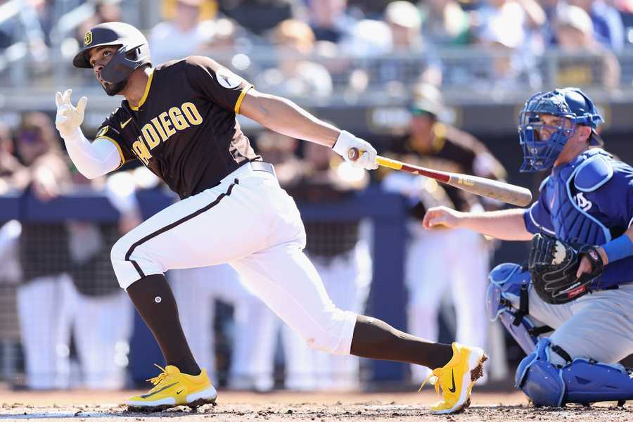 PEORIA, ARIZONA - FEBRUARY 27: Xander Bogaerts #2 of the San Diego Padres bats against the Los Angeles Dodgers during the first inning of the spring training game at Peoria Stadium on February 27, 2023 in Peoria, Arizona. (Photo by Christian Petersen/Getty Images)