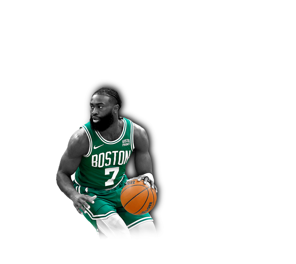 A portion of the hero illustration showing Jaylen Brown dribbling to his right.