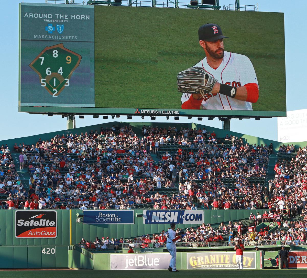J.D. Martinez is pictured on the video board at Fenway Park, as well as in the field as he warms up, before the start the first inning against the Texas Rangers on July 9.