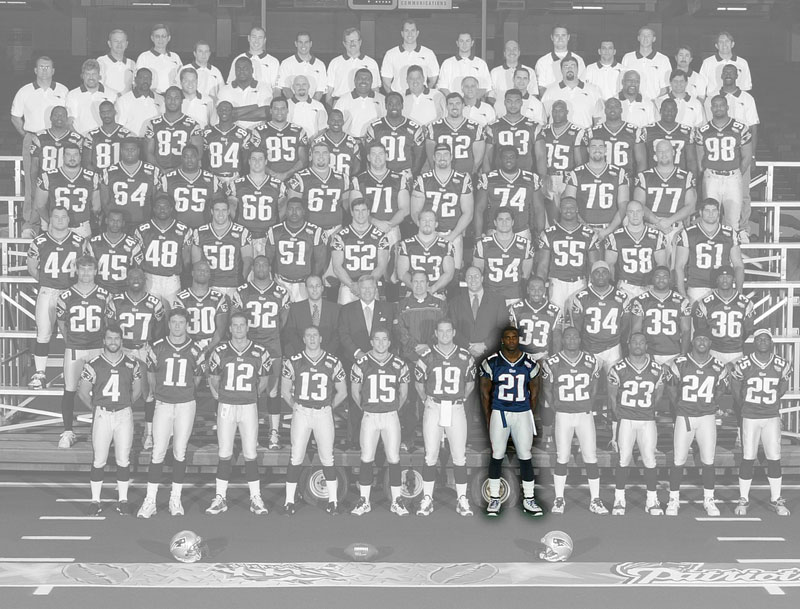 A team photo of the Super Bowl 36 champion New England Patriots, with the color removed, except for J.R. Redmond