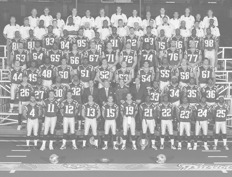 A team photo of the Super Bowl 36 champion New England Patriots, with the color removed