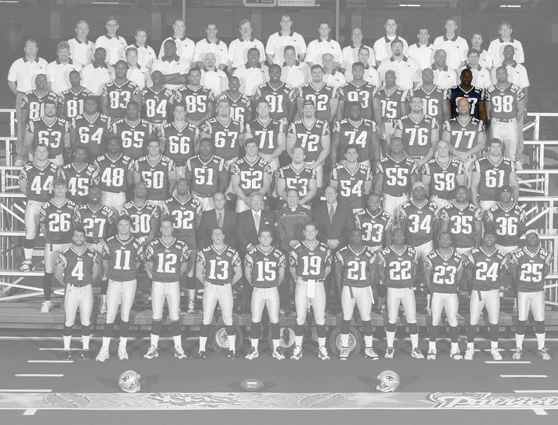 A team photo of the Super Bowl 36 champion New England Patriots, with the color removed, except for Riddick Parker